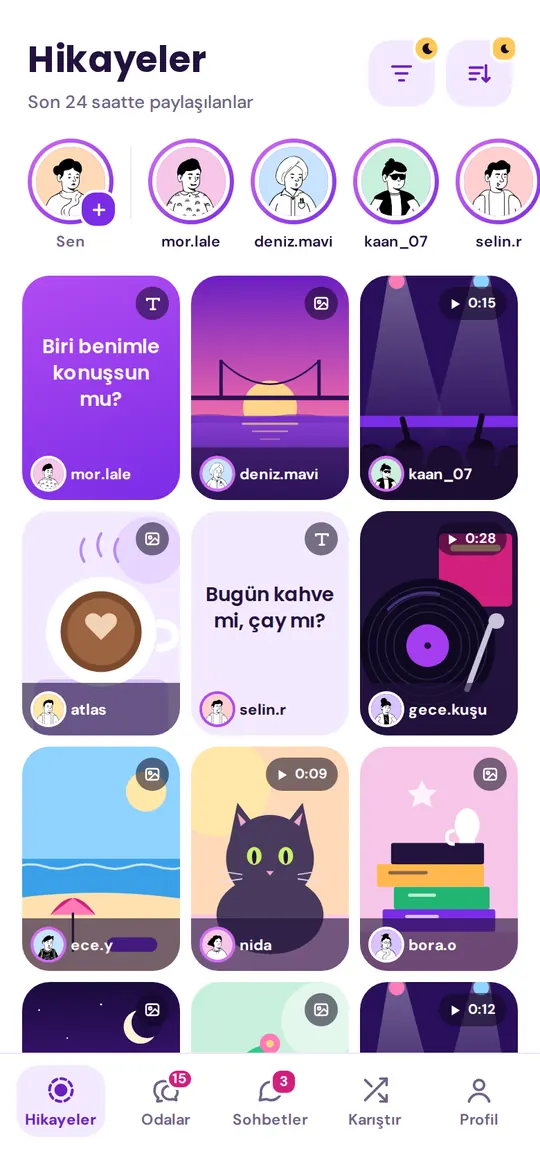 Hikayeler ekranı: 24 saat içinde paylaşılan fotoğraf, video ve yazı hikayeleri