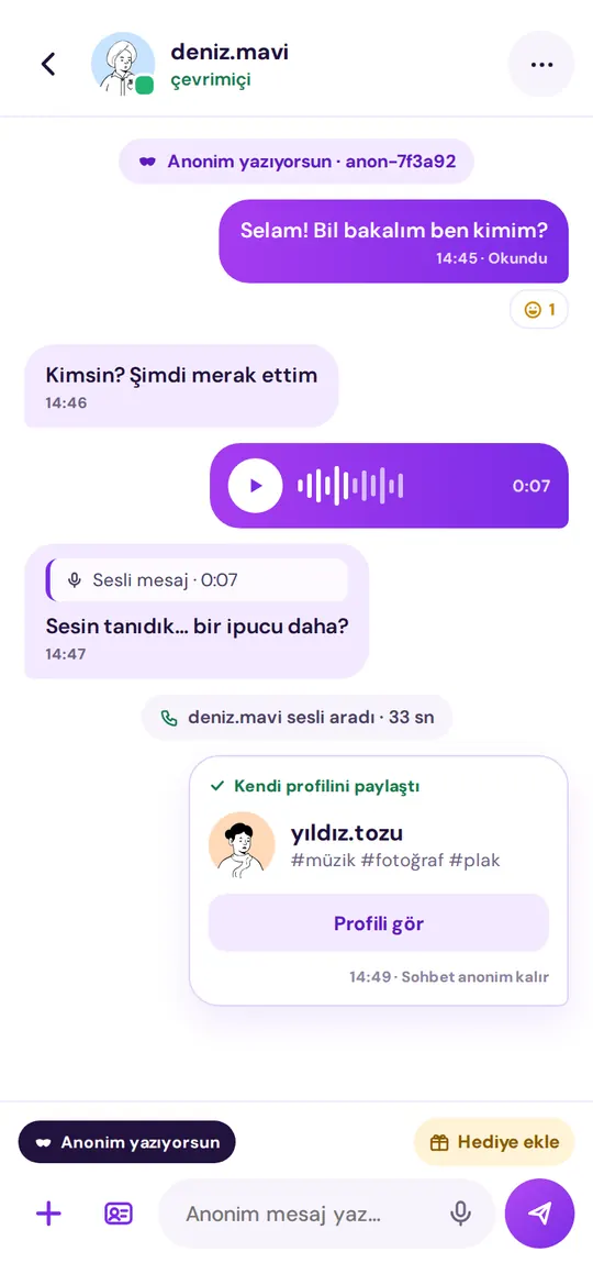 Anonim sohbet ekranı: karşı taraf anonim yazıyor, sesli mesaj ve kendi profilini paylaşma